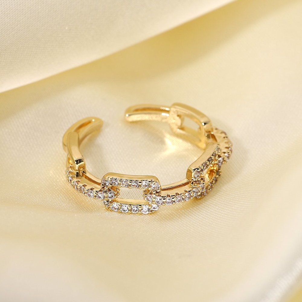 Square Buckle Link‎ Chain Adjustable Ring With Zircon